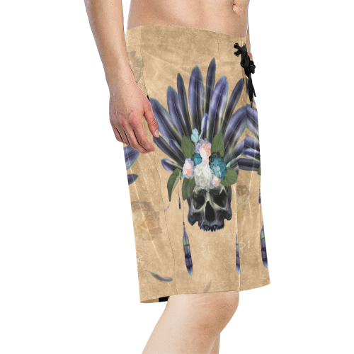 Cool skull with feathers and flowers Men's All Over Print Board Shorts (Model L16)