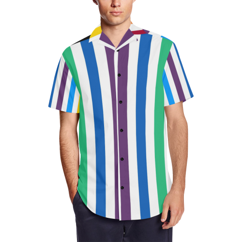 Rainbow Stripes with White Men's Short Sleeve Shirt with Lapel Collar (Model T54)