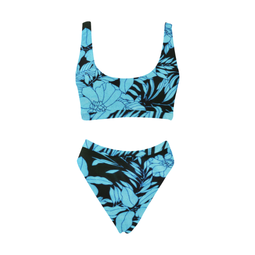 blue floral watercolor Sport Top & High-Waisted Bikini Swimsuit (Model S07)