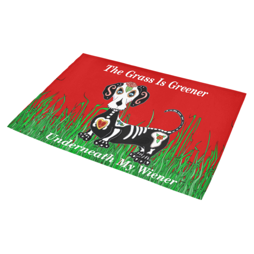 Dachshund Grass Is Greener Red Azalea Doormat 30" x 18" (Sponge Material)