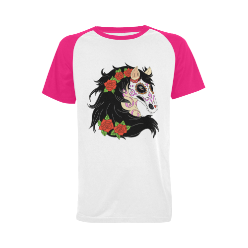 Sugar Skull Horse Red Roses Pink Men's Raglan T-shirt Big Size (USA Size) (Model T11)