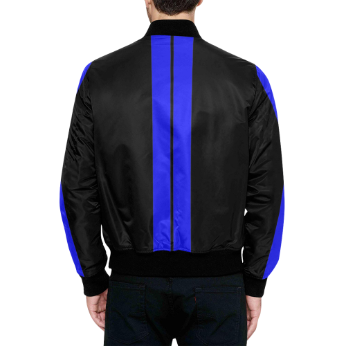 Blue Race Car Stripe Center Black All Over Print Quilted Bomber Jacket for Men (Model H33)
