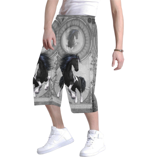 Awesome horse in black and white with flowers Men's All Over Print Baggy Shorts (Model L37)