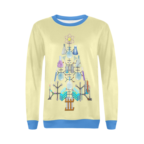 Oh Chemist Tree, Oh Chemistry, Science Christmas Blue and Yellow All Over Print Crewneck Sweatshirt for Women (Model H18)
