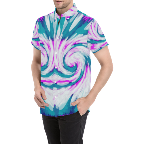 Turquoise Pink Tie Dye Swirl Abstract Men's All Over Print Short Sleeve Shirt/Large Size (Model T53)