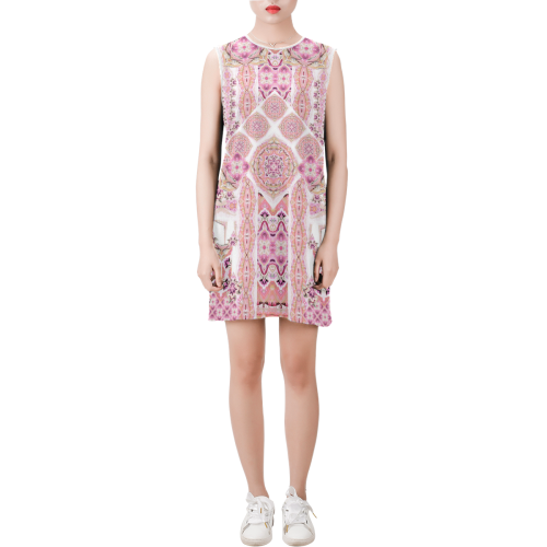 mandala spirit pink pastel Sleeveless Round Neck Shift Dress (Model D51)