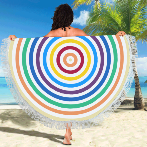 Rainbow Stripes Round White Circular Beach Shawl 59"x 59"