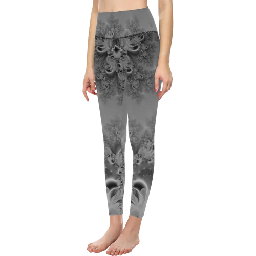 Silvery Moon Frost Fractal Abstract Women's All Over Print High-Waisted Leggings (Model L36)
