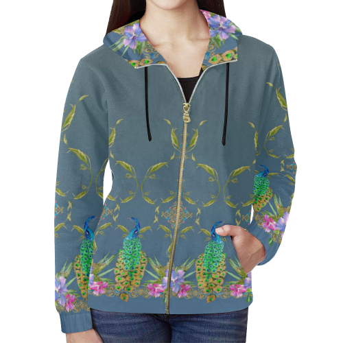 Peacock Ombre grey All Over Print Full Zip Hoodie for Women (Model H14)