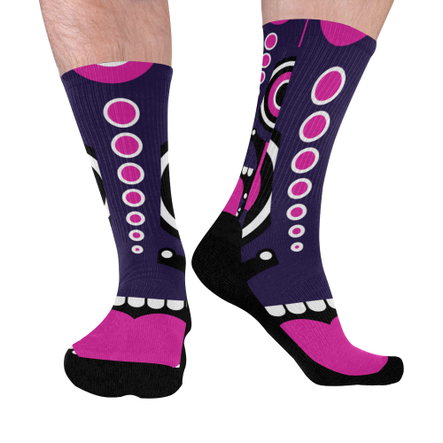 Pink Purple Tiki Tribal Mid-Calf Socks (Black Sole)