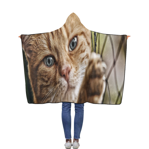 Orange Tabby And Fence Flannel Hooded Blanket 40''x50''