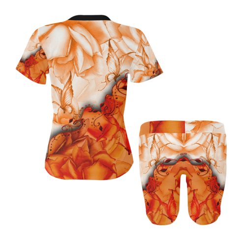 Sorf red flowers with butterflies Women's Short Yoga Set
