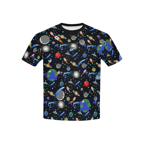 Galaxy Universe - Planets, Stars, Comets, Rockets Kids' All Over Print T-Shirt with Solid Color Neck (Model T40)