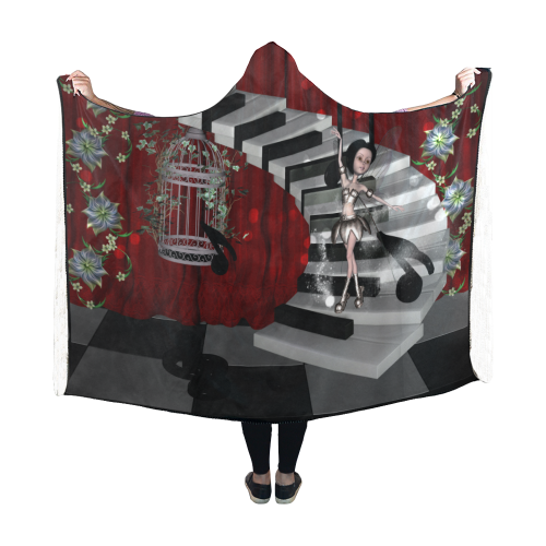 Little fairy dancing on a piano Hooded Blanket 60''x50''
