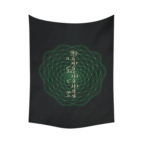 GreenTara Mantra with Mandala Cotton Linen Wall Tapestry 80"x 60"