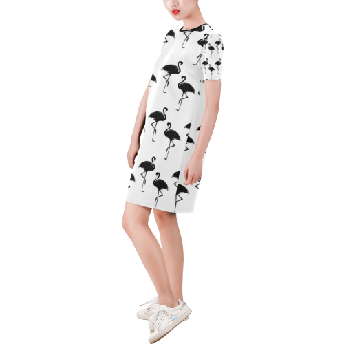 Flamingos Pattern Black and White Short-Sleeve Round Neck A-Line Dress (Model D47)