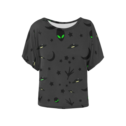 Alien Flying Saucers Stars Pattern on Charcoal Women's Batwing-Sleeved Blouse T shirt (Model T44)