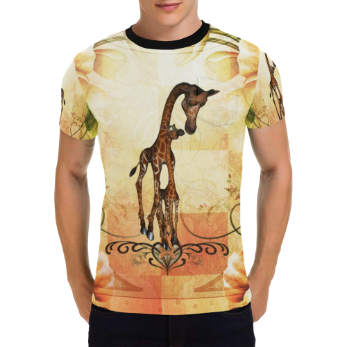 Cute giraffe mum with baby Men's All Over Print T-Shirt with Chest Pocket (Model T56)