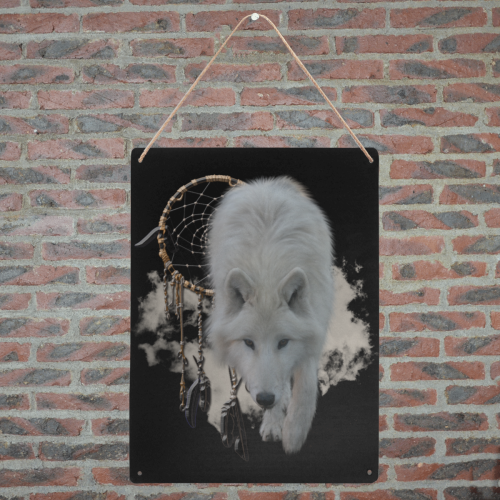 White Shaman Wolf with Dreamcatcher Metal Tin Sign 12"x16"