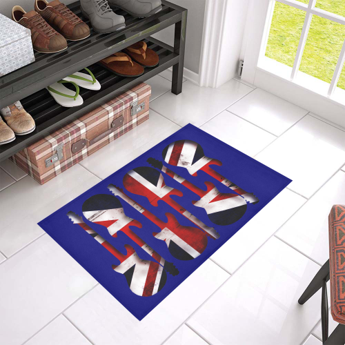 Union Jack British UK Flag Guitars on Blue Azalea Doormat 24" x 16" (Sponge Material)