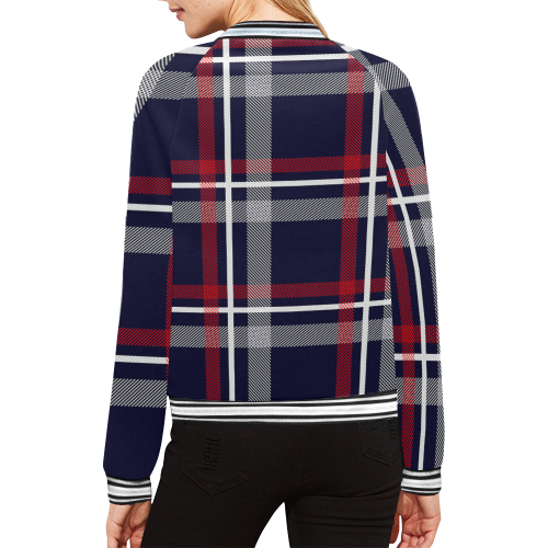 Blue & Red Lines Plaid All Over Print Bomber Jacket for Women (Model H21)