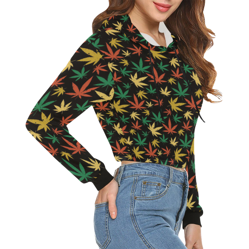 Cannabis Pattern All Over Print Crop Hoodie for Women (Model H22)
