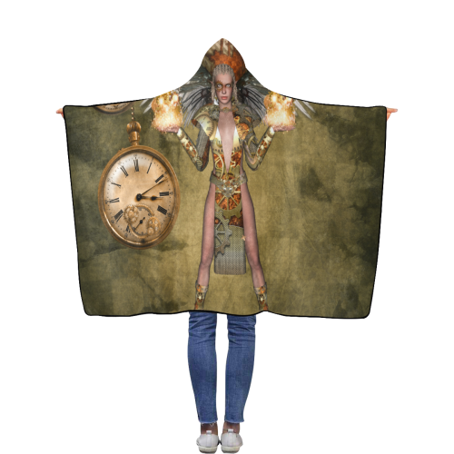 Steampunk lady with clocks and gears Flannel Hooded Blanket 40''x50''