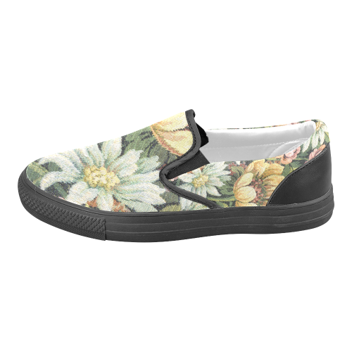 grandma's comfy floral black trim Slip-on Canvas Shoes for Men/Large Size (Model 019)