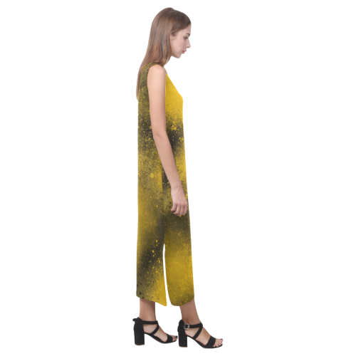 Black and Yellow Paintballs Phaedra Sleeveless Open Fork Long Dress (Model D08)