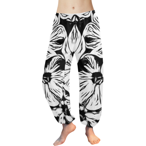 Inky Black and White Floral 3 by JamColors Women's All Over Print Harem Pants (Model L18)