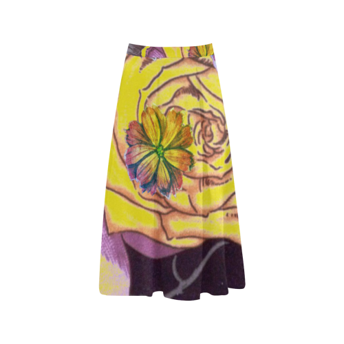 Watercolor Flowers Yellow Purple Green Aoede Crepe Skirt (Model D16)