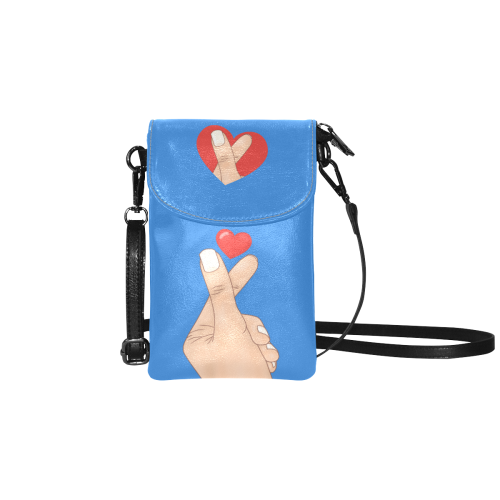 Hand and Finger Heart on Blue Small Cell Phone Purse (Model 1711)