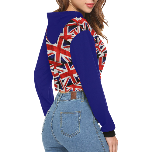 Union Jack British UK Flag (Vest Style) Blue All Over Print Crop Hoodie for Women (Model H22)