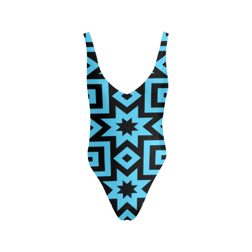 Blue/Black Geometric Pattern Sexy Low Back One-Piece Swimsuit (Model S09)