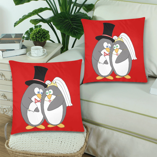Penguin Wedding Red Custom Zippered Pillow Cases 18"x 18" (Twin Sides) (Set of 2)