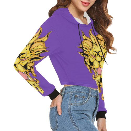 Gold Metallic Lion Purple All Over Print Crop Hoodie for Women (Model H22)