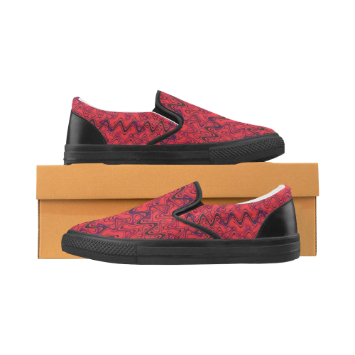 Red and Black Waves pattern design Men's Unusual Slip-on Canvas Shoes (Model 019)