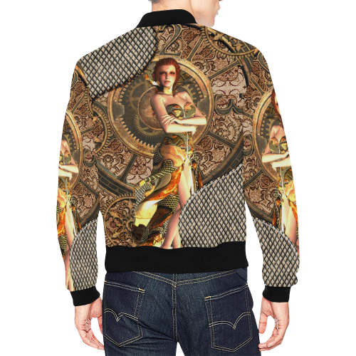 Steampunk lady with gears and clocks All Over Print Bomber Jacket for Men/Large Size (Model H19)