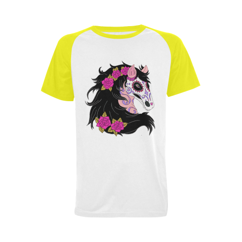 Sugar Skull Horse Pink Roses Yellow Men's Raglan T-shirt Big Size (USA Size) (Model T11)