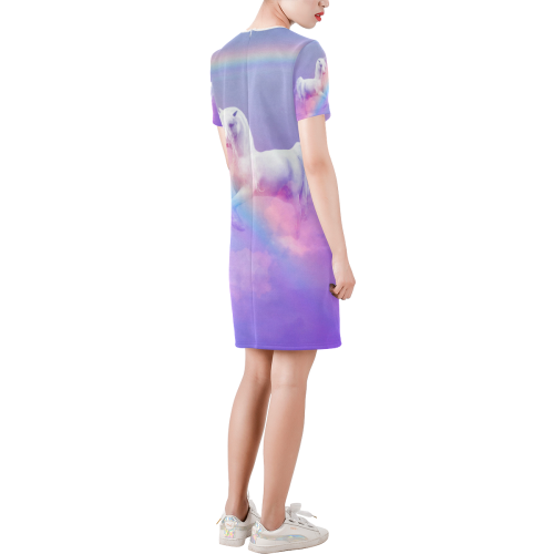 Unicorn and Rainbow Short-Sleeve Round Neck A-Line Dress (Model D47)