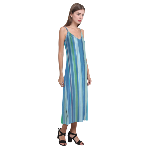 painted stripe V-Neck Open Fork Long Dress(Model D18)
