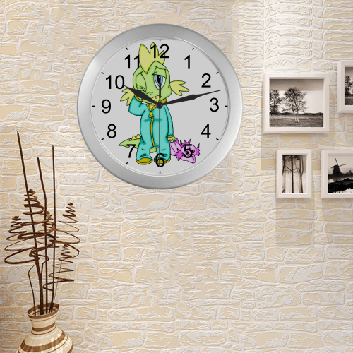Sleepy Dinosaur Silver Color Wall Clock