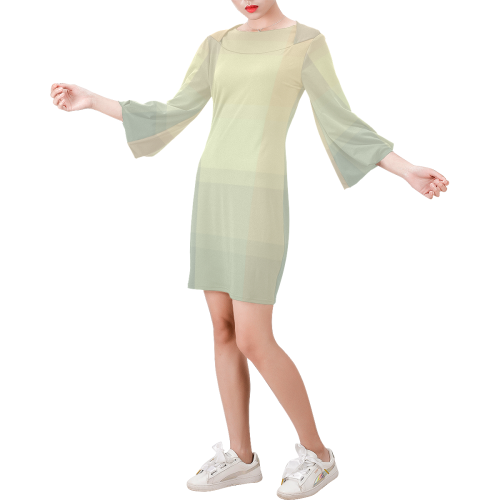 Like a Candy Sweet Pastel Squares Pattern Bell Sleeve Dress (Model D52)