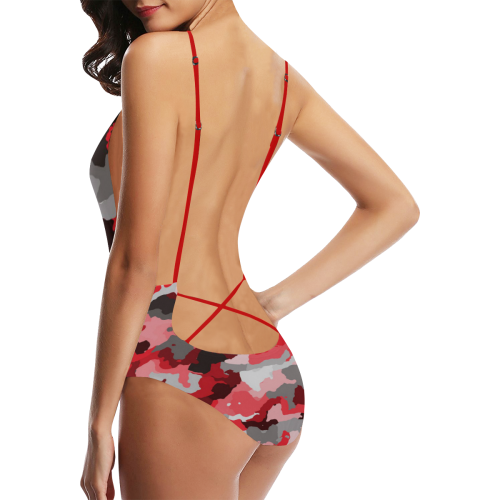 camouflage red,black Sexy Lacing Backless One-Piece Swimsuit (Model S10)