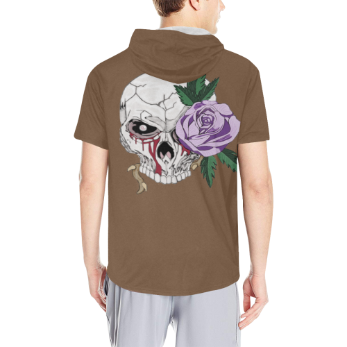 Skull Rose Lavender Brown All Over Print Short Sleeve Hoodie for Men (Model H32)