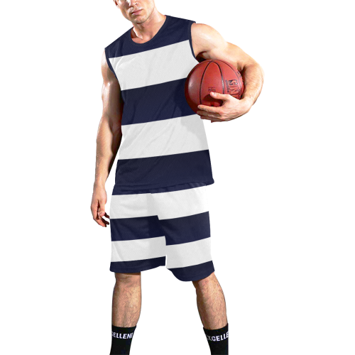 Blue White Stripes All Over Print Basketball Uniform