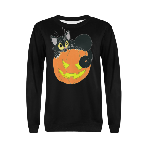 Halloween Black Cat And Pumpkin Black Women's Rib Cuff Crew Neck Sweatshirt (Model H34)