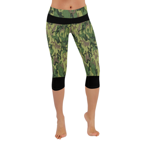 Military Camo Green Woodland Camouflage Women's Low Rise Capri Leggings (Invisible Stitch) (Model L08)