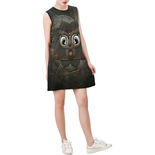 Funny steampunk owl Sleeveless Round Neck Shift Dress (Model D51)
