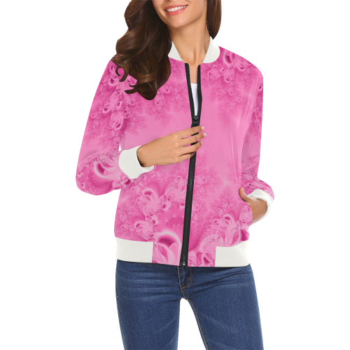 Soft Pink Frost of Morning  Fractal Abstract All Over Print Bomber Jacket for Women (Model H19)